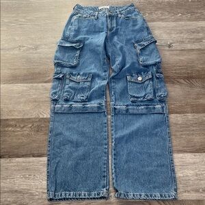 Garage Blue Denim Cargo Pants Women's Jeans Wide Leg Straight Leg